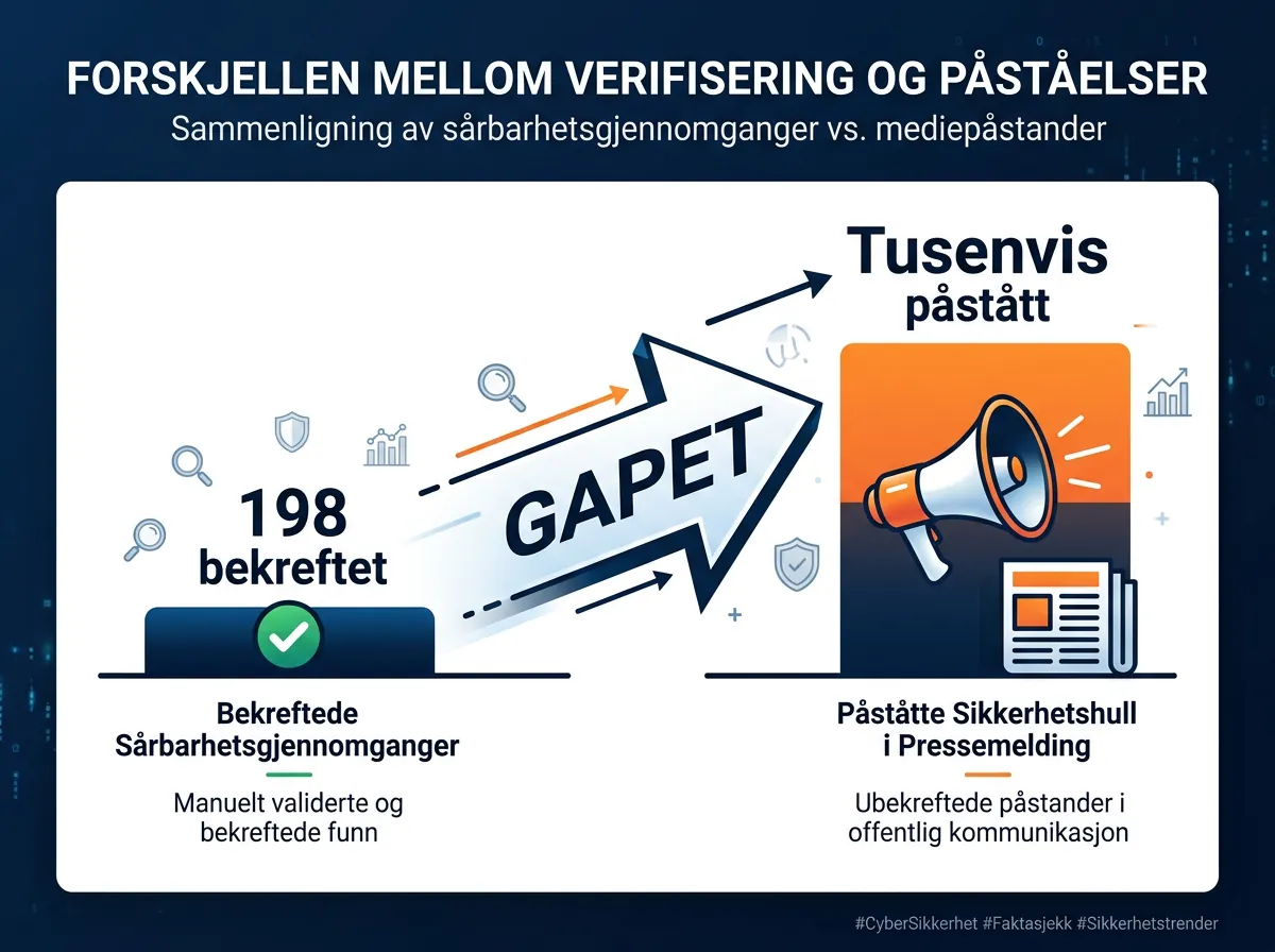Infografikk som viser gap mellom 198 bekreftede sårbarhetsgjennomganger og tusenvis påstått av Anthropic