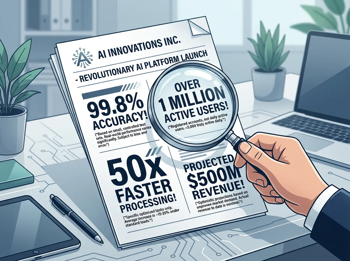 Forstørrelsesglass som avslører finsnitt under imponerende AI-markedsføringspåstander i pressemeldinger
