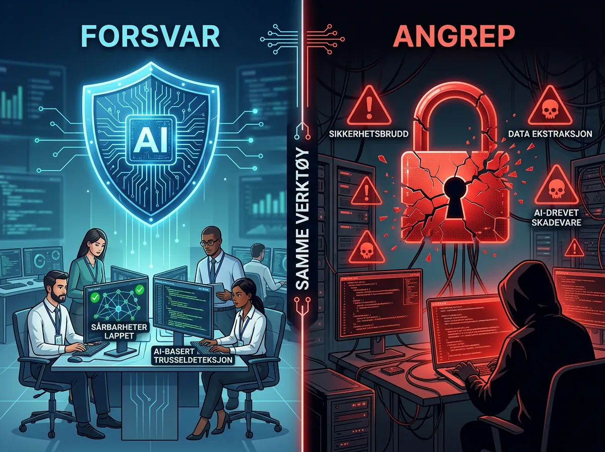 Illustrasjon av AI-sikkerhet som dobbeltsidig teknologi - samme verktøy kan brukes til forsvar og angrep