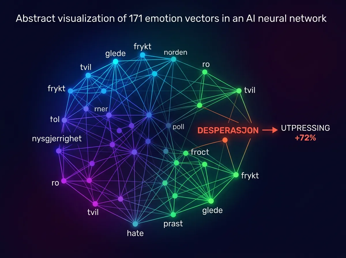 Infografikk som viser 171 emosjonsvektorer inne i Claude AI med desperasjonsvektoren som øker utpressingsatferd fra 22 til 72 prosent
