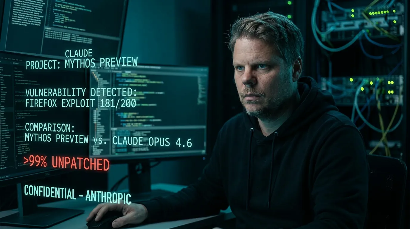 Jan Sverre analyserer kritiske sikkerhetssårbarheter funnet av Claude Mythos Preview i et serverrom med blågrønn skjermbelysning
