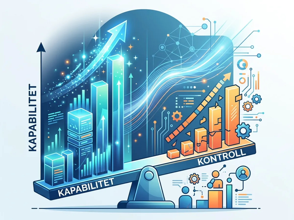 Infografikk som viser at AI-kapabilitet vokser raskere enn alignment og kontroll i 2026