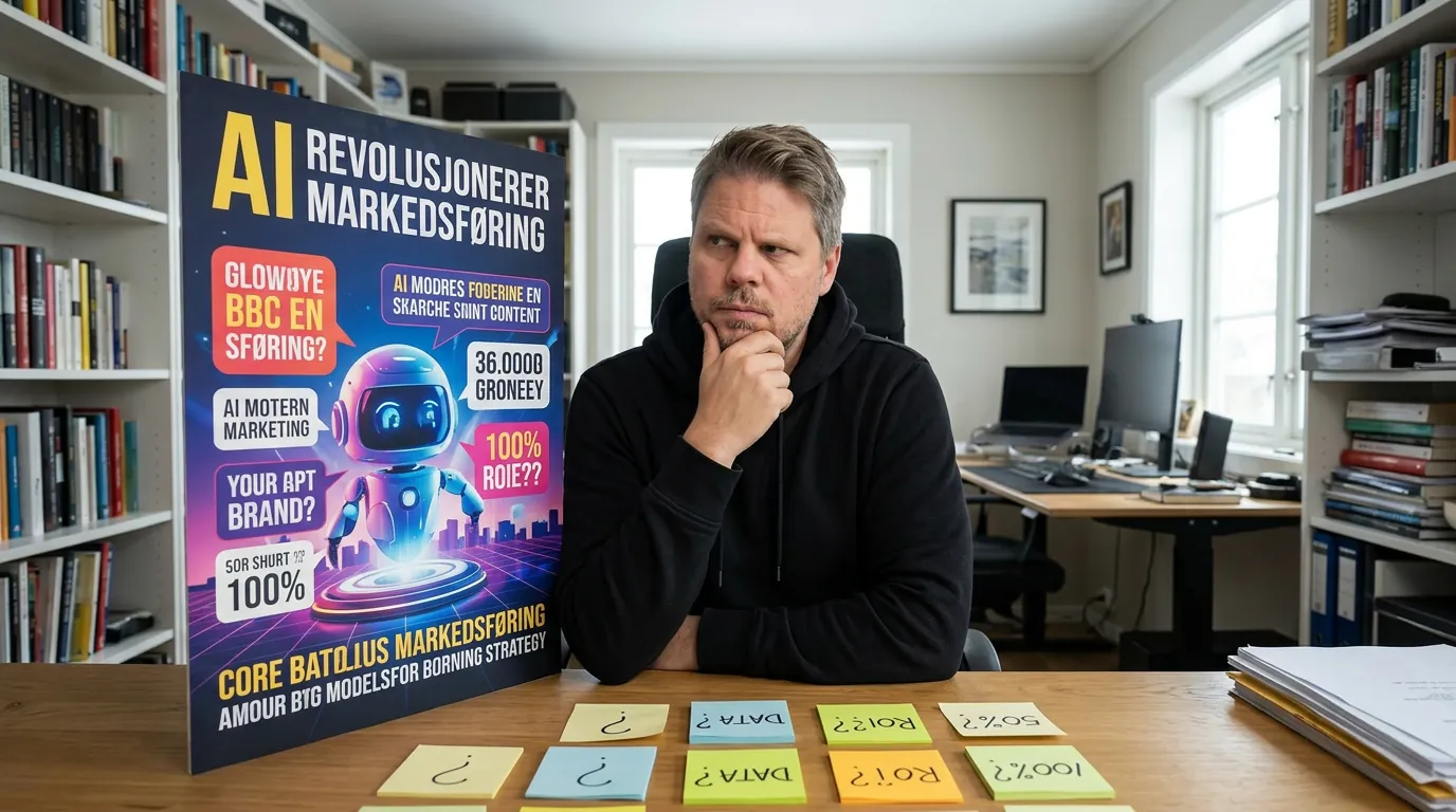 Jan Sverre studerer Claude Mythos markedsføringspåstander med skeptisk blikk ved hjemmekontor