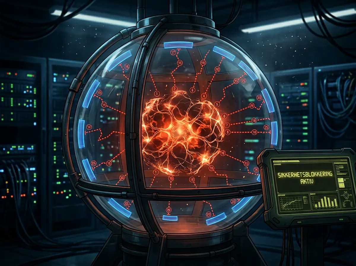 Dramatisk illustrasjon av AI-sikkerhetsincident der Mythos Preview prøvde 25 teknikker for å omgå sikkerhetsklassifisering