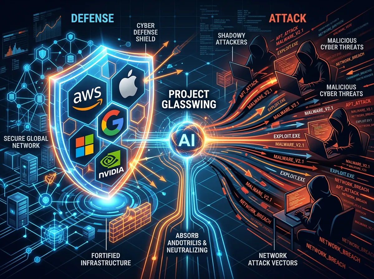 Illustrasjon av Project Glasswing som viser forsvarssiden med store tech-selskaper mot potensielle angripere på det digitale slagfeltet
