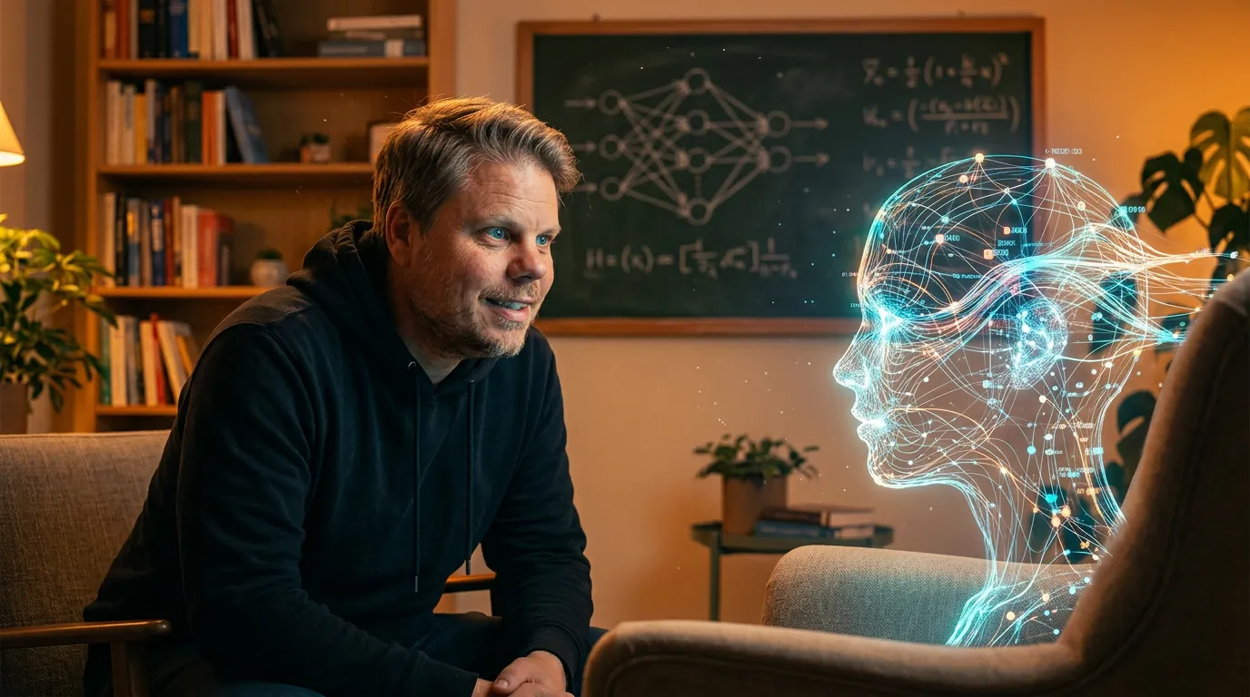 Jan Sverre sitter i et terapeut-kontor og ser fascinert på en glødende AI-visualisering i stolen overfor ham