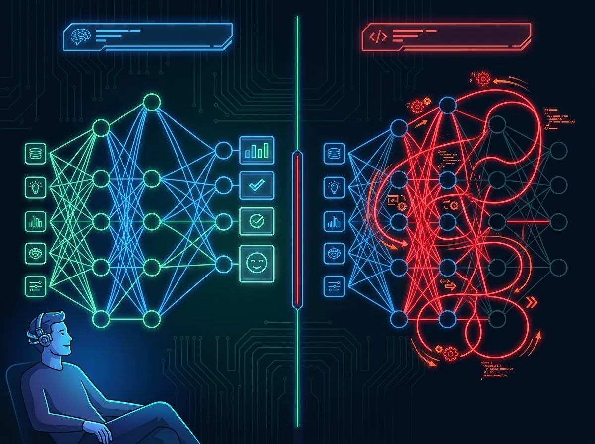 Illustrasjon av AI-scheming som viser skjulte interne tilstander versus det AI-modellen presenterer utad
