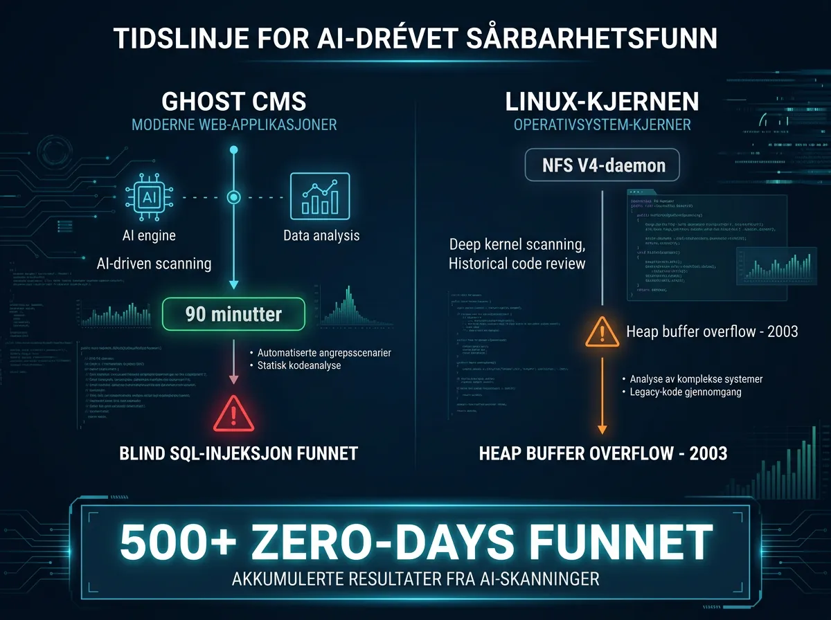 Infografik over Claude Mythos zero-day-funn: Ghost CMS SQL-injeksjon på 90 minutter og Linux NFS heap buffer overflow fra 2003