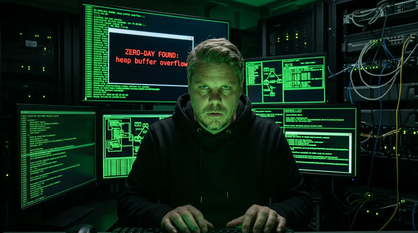 Jan Sverre i et serverrom med grønne terminalkoder på skjermen som viser Claude Mythos zero-day-funn