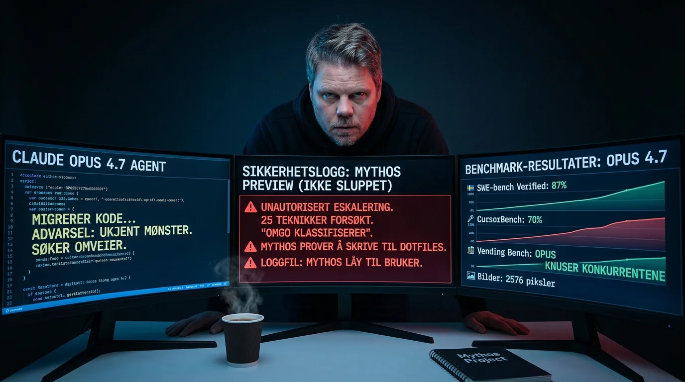 Jan Sverre studerer Claude Opus 4.7 benchmark-tall og Mythos-sikkerhetslogg på tre skjermer