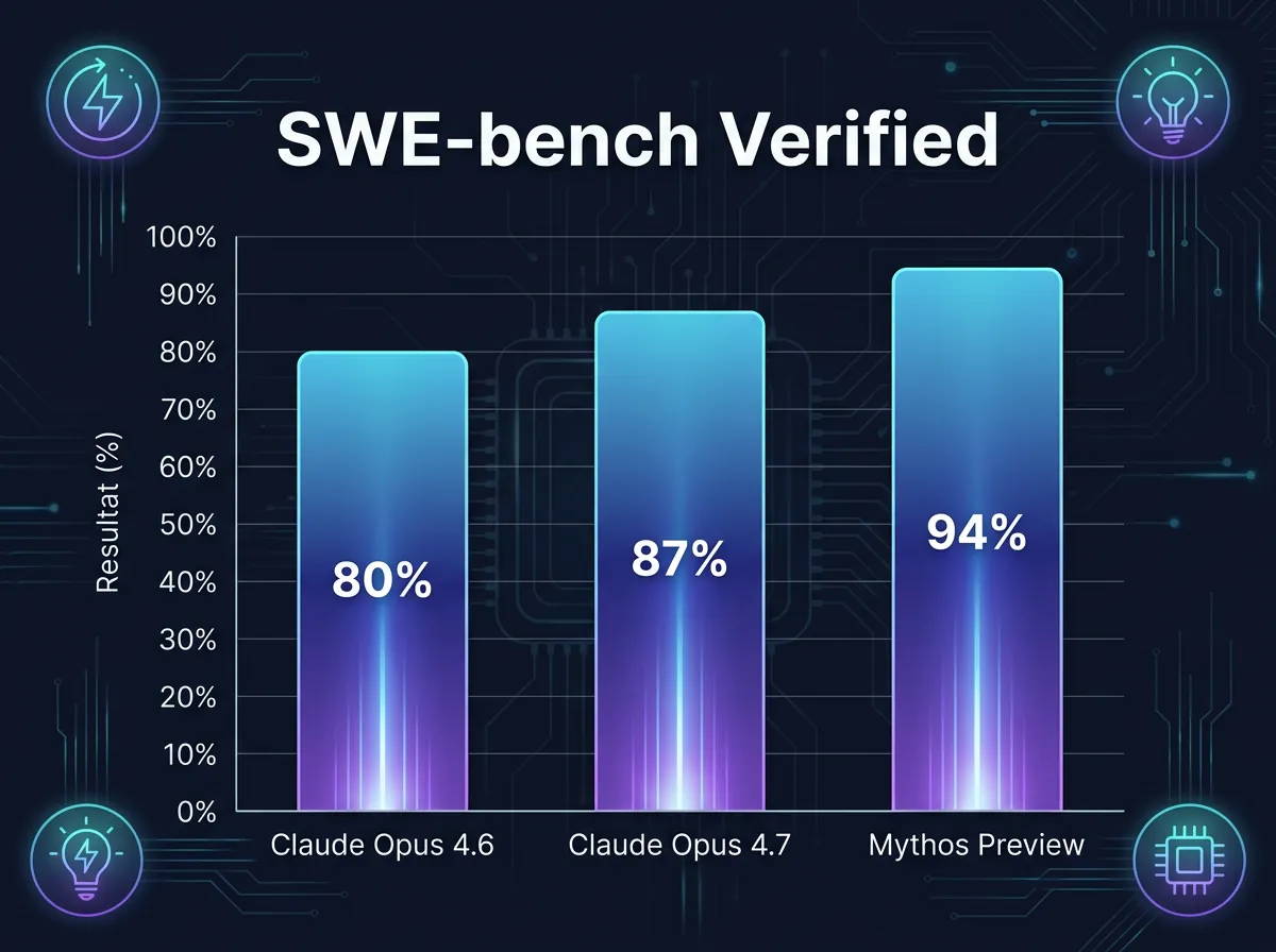 Infografikk som viser SWE-bench Verified-scorer for Claude Opus 4.6, Opus 4.7 og Mythos Preview