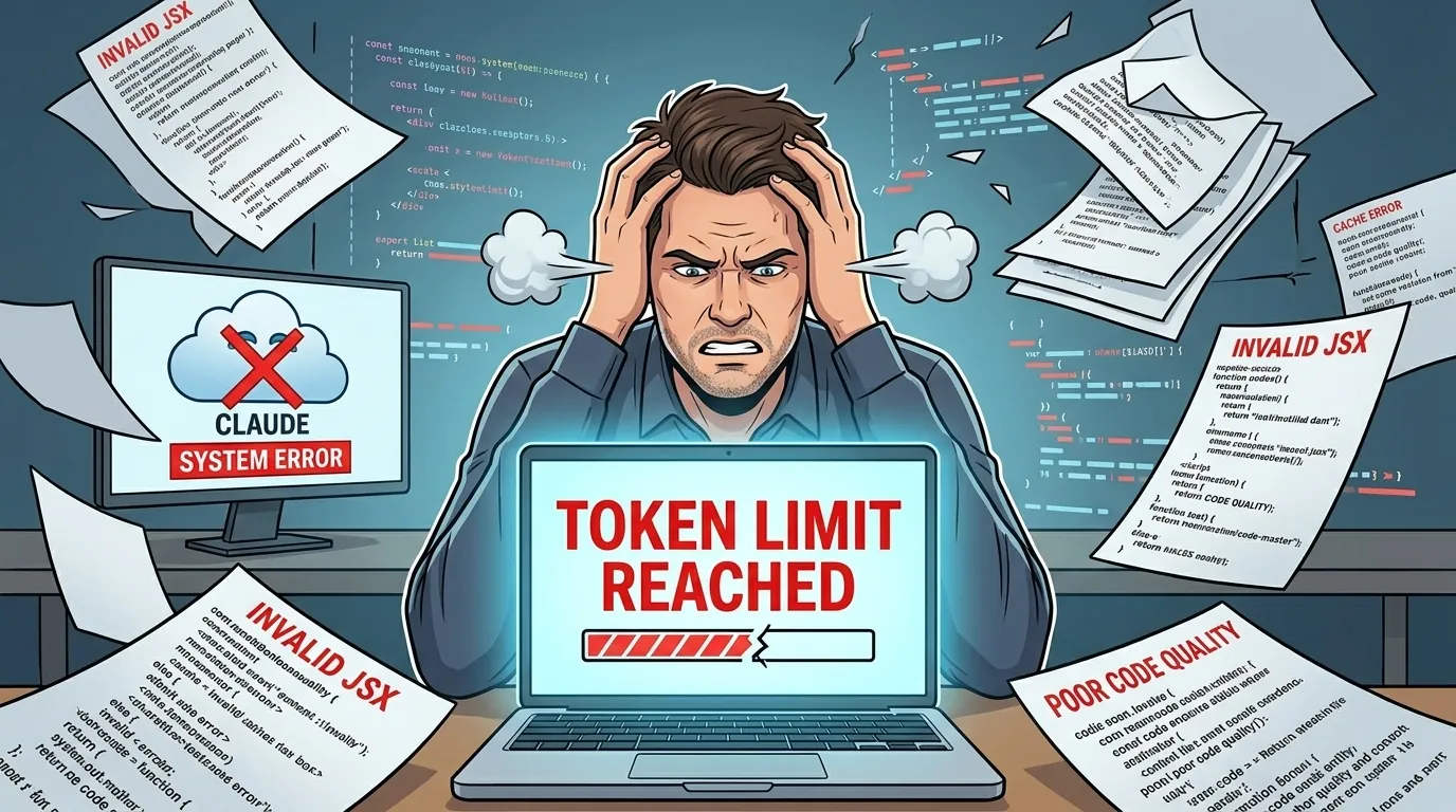 Utvikler frustrert foran laptop med rød TOKEN LIMIT REACHED-feilmelding fra Claude AI