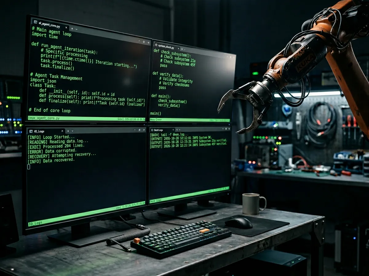 Terminal som viser Python-kode for en AI-agentløkke med verktøykall og filoperasjoner - Claw Code i praksis