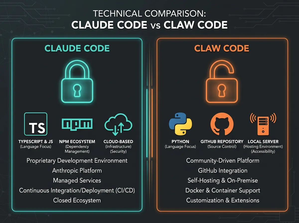 Infografikk som sammenligner Claude Code og Claw Code - proprietær lukket kildekode mot open source Python-implementasjon