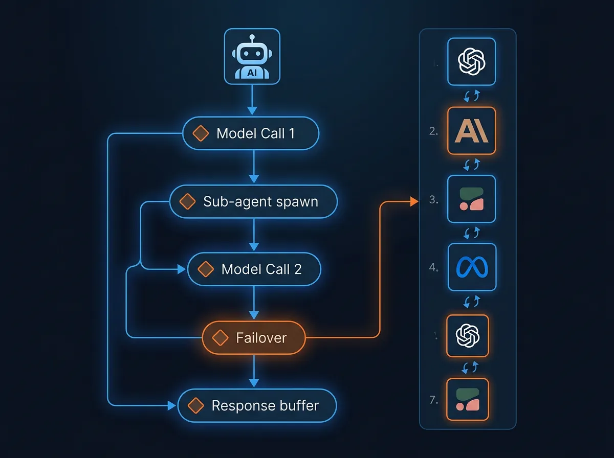 Teknisk flytdiagram som viser hvordan AI-agenter kjeder mange API-kall med automatisk failover og buffering av streamingsvar i Cloudflares infrastruktur