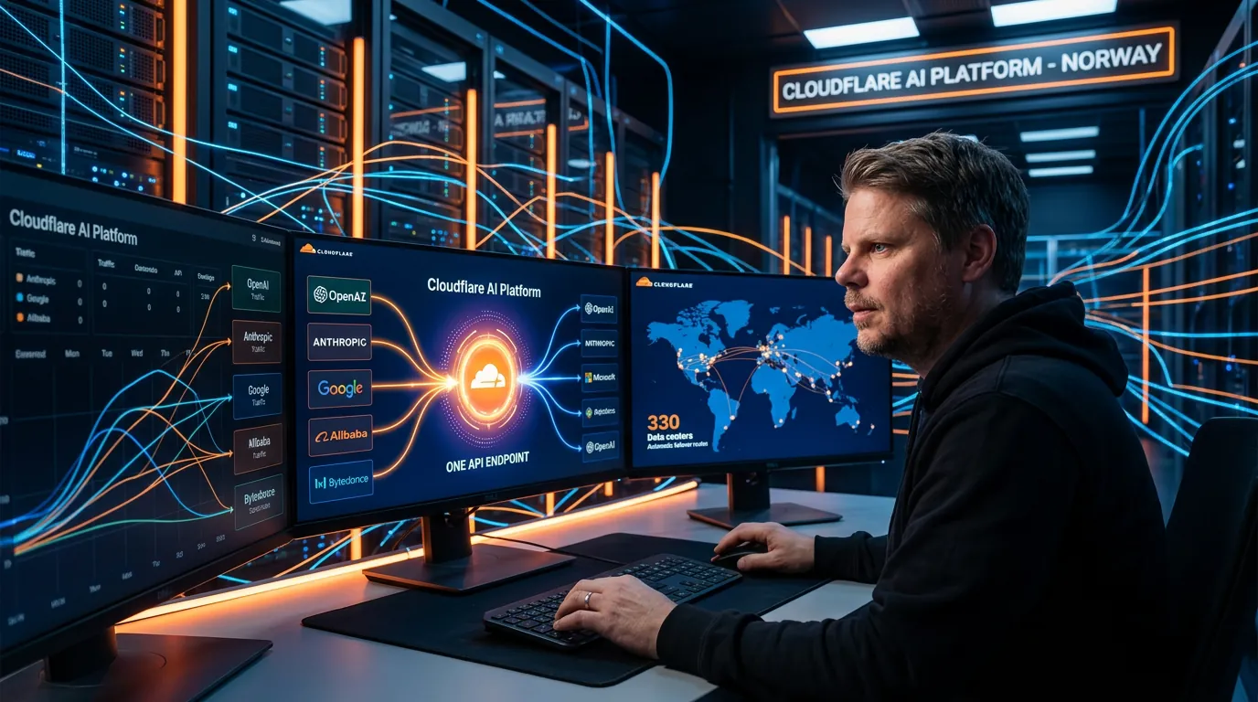 Jan Sverre i et datacenter-miljø med Cloudflare AI Platform dashboard som viser 70 pluss AI-modeller fra ulike leverandører samlet i ett API-endepunkt