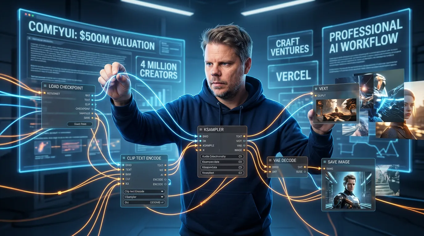 Jan Sverre styrer et glødende node-nettverk som representerer ComfyUI sin AI-genereringspipeline