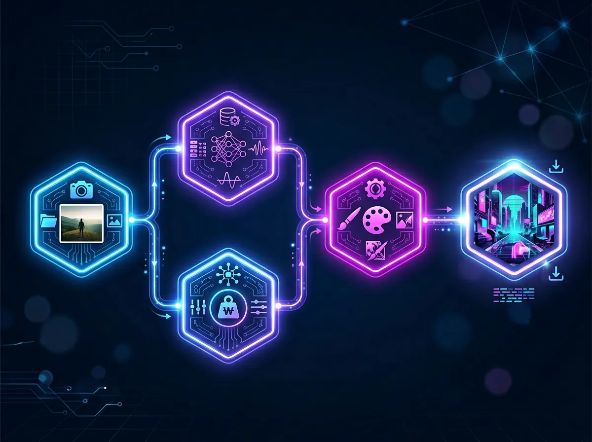 Node-basert AI-genereringspipeline i ComfyUI med tilkoblede noder for sampling, LoRA og stiloverføring