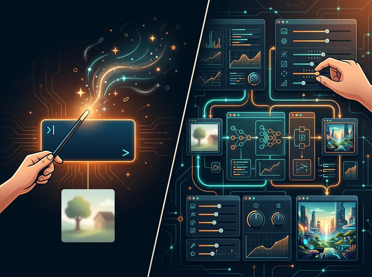 Sammenligning mellom enkle prompt-baserte AI-verktøy og avanserte node-baserte pipelines med full kontroll