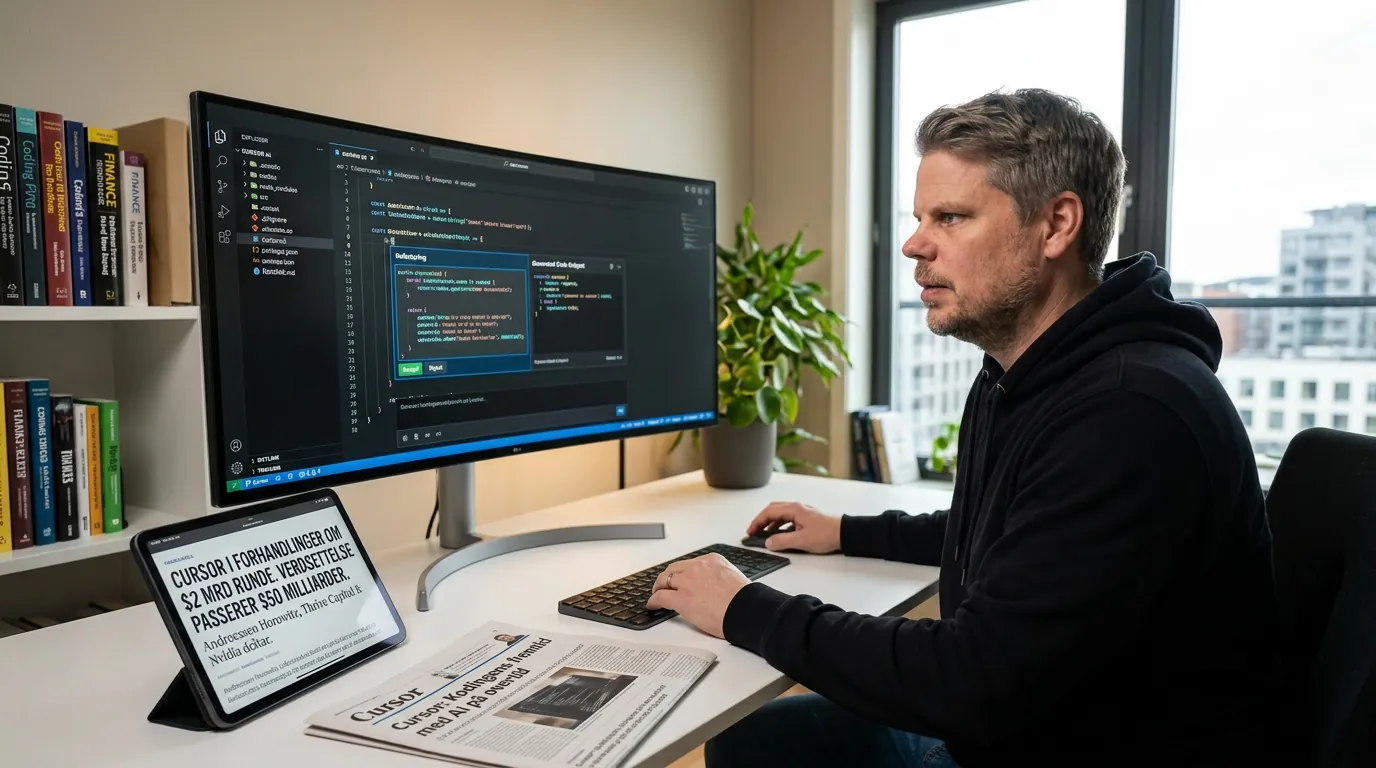 Jan Sverre ser på Cursor AI-kodeditoren med imponert uttrykk - selskapet er verdsatt til 50 milliarder dollar