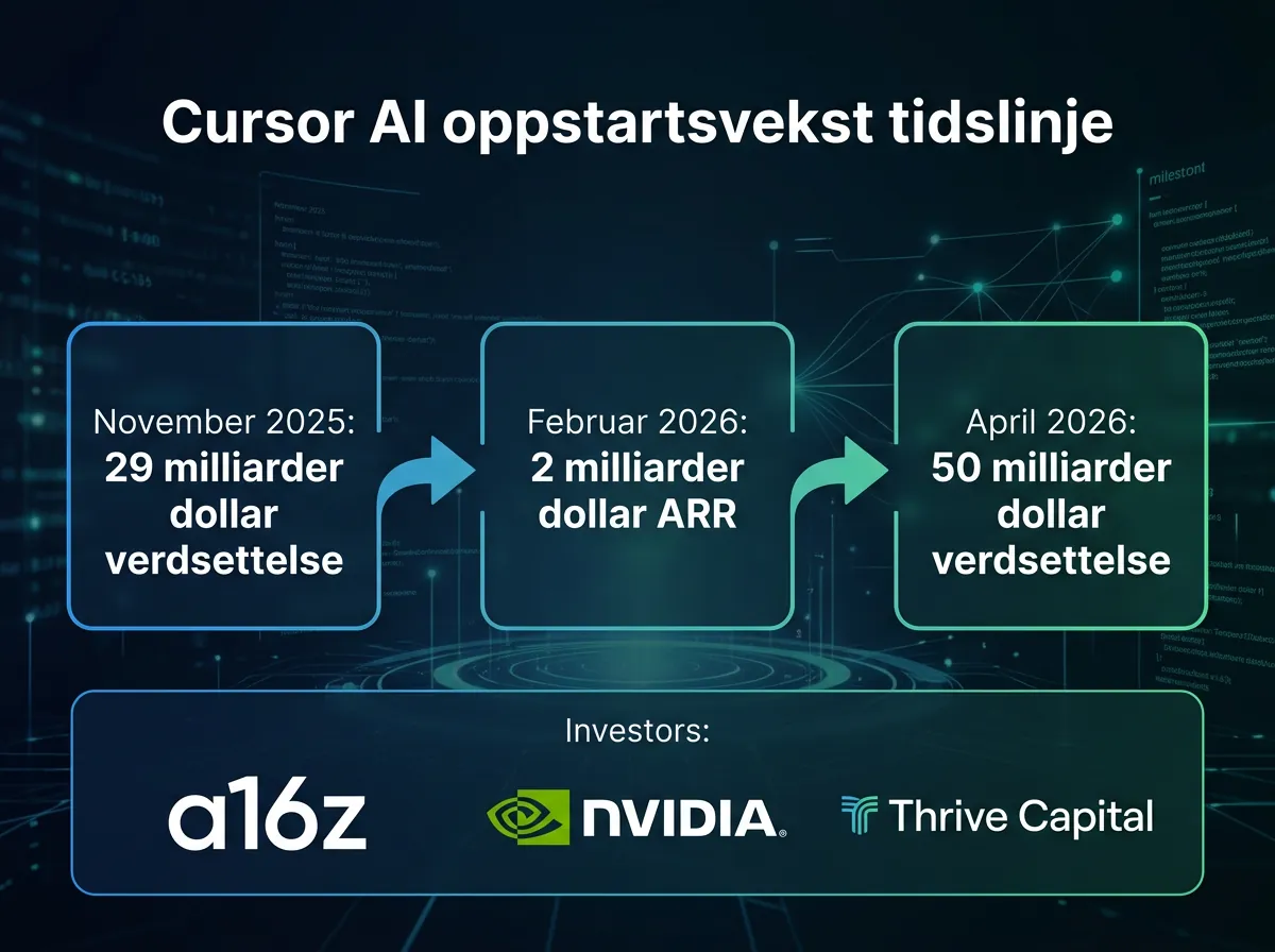 Infografikk som viser Cursors verdsettelsesutvikling fra 29 milliarder i november 2025 til 50 milliarder dollar i april 2026