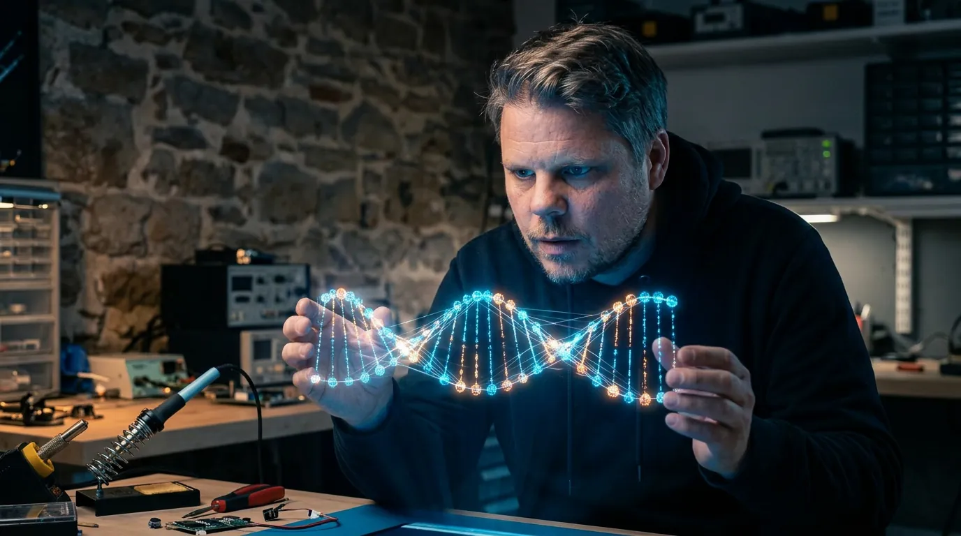 Mann i hettegenser undersøker et holografisk DNA-streng som representerer sammensmeltingen av Qwen3.5 og Claude Opus til Darwin-35B-A3B-modellen