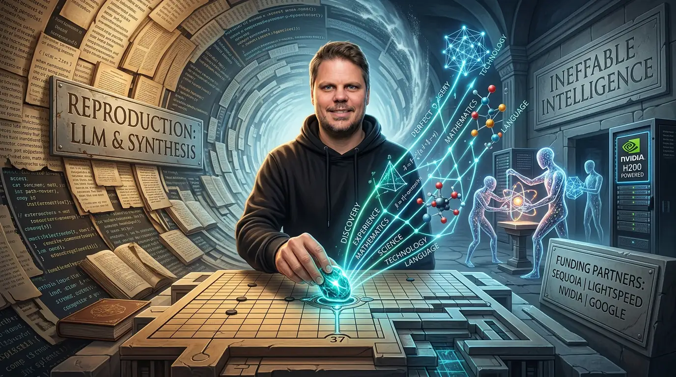 David Silver, skaperen av AlphaGo, ser ut over et abstrakt Go-brett der AI-systemer spiller mot seg selv og oppdager trekk ingen mennesker har funnet