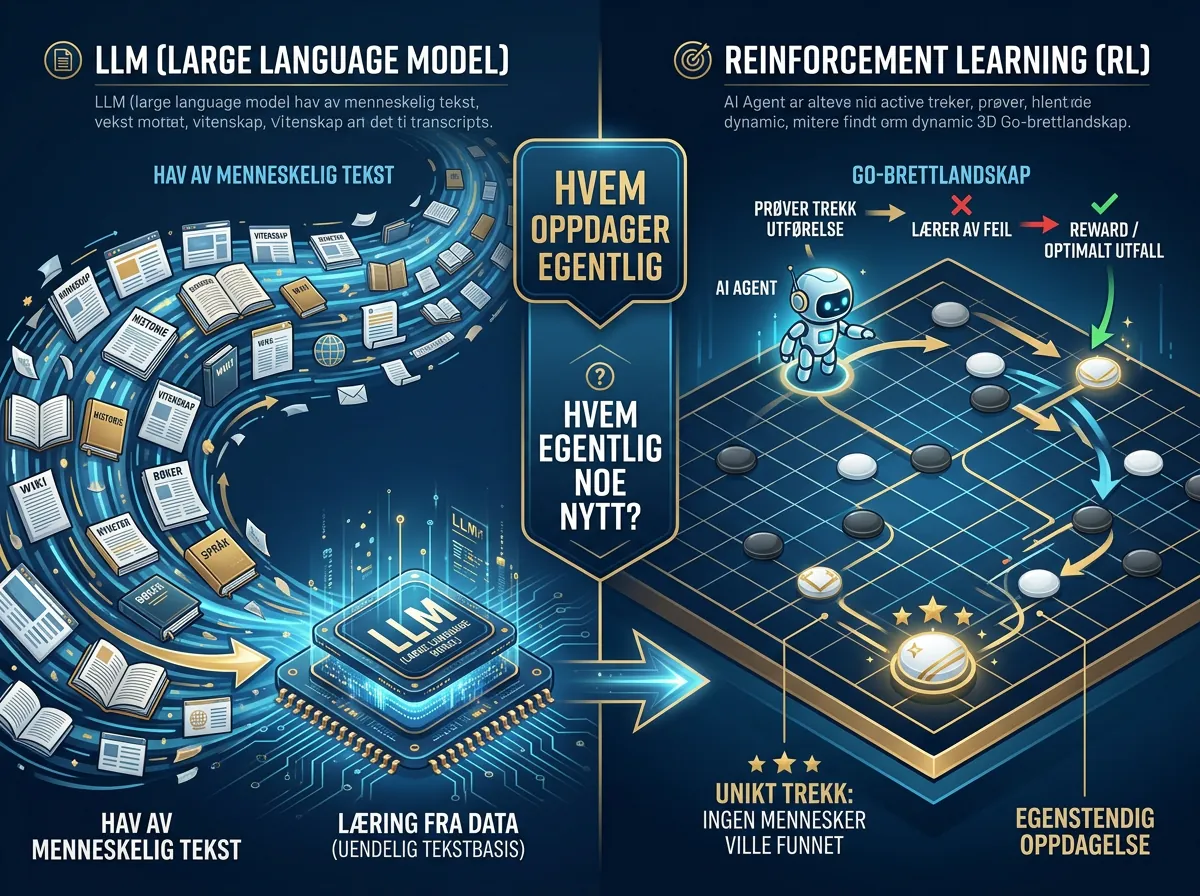 Illustrasjon som viser forskjellen mellom LLM-læring fra menneskelige data og reinforcement learning der AI oppdager kunnskap gjennom egne erfaringer