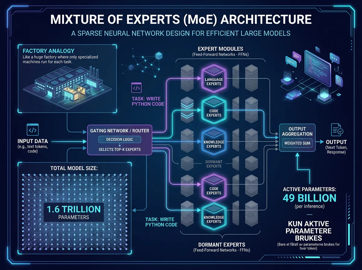 Illustrasjon av Mixture of Experts-arkitektur i DeepSeek V4 med 1,6 billioner totale og 49 milliarder aktive parametere