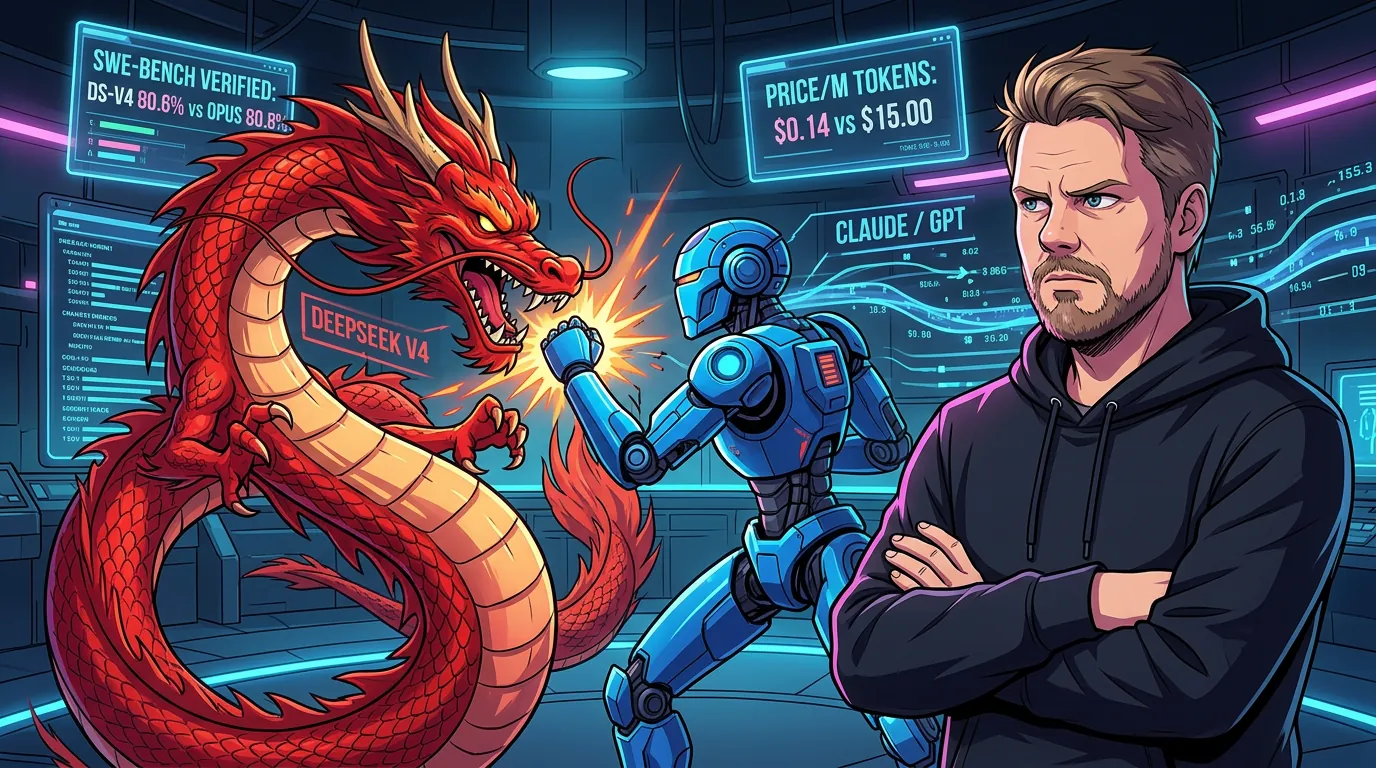 Jan Sverre ser skeptisk på kamp mellom DeepSeek V4 og Claude i anime-stil med neon-farger