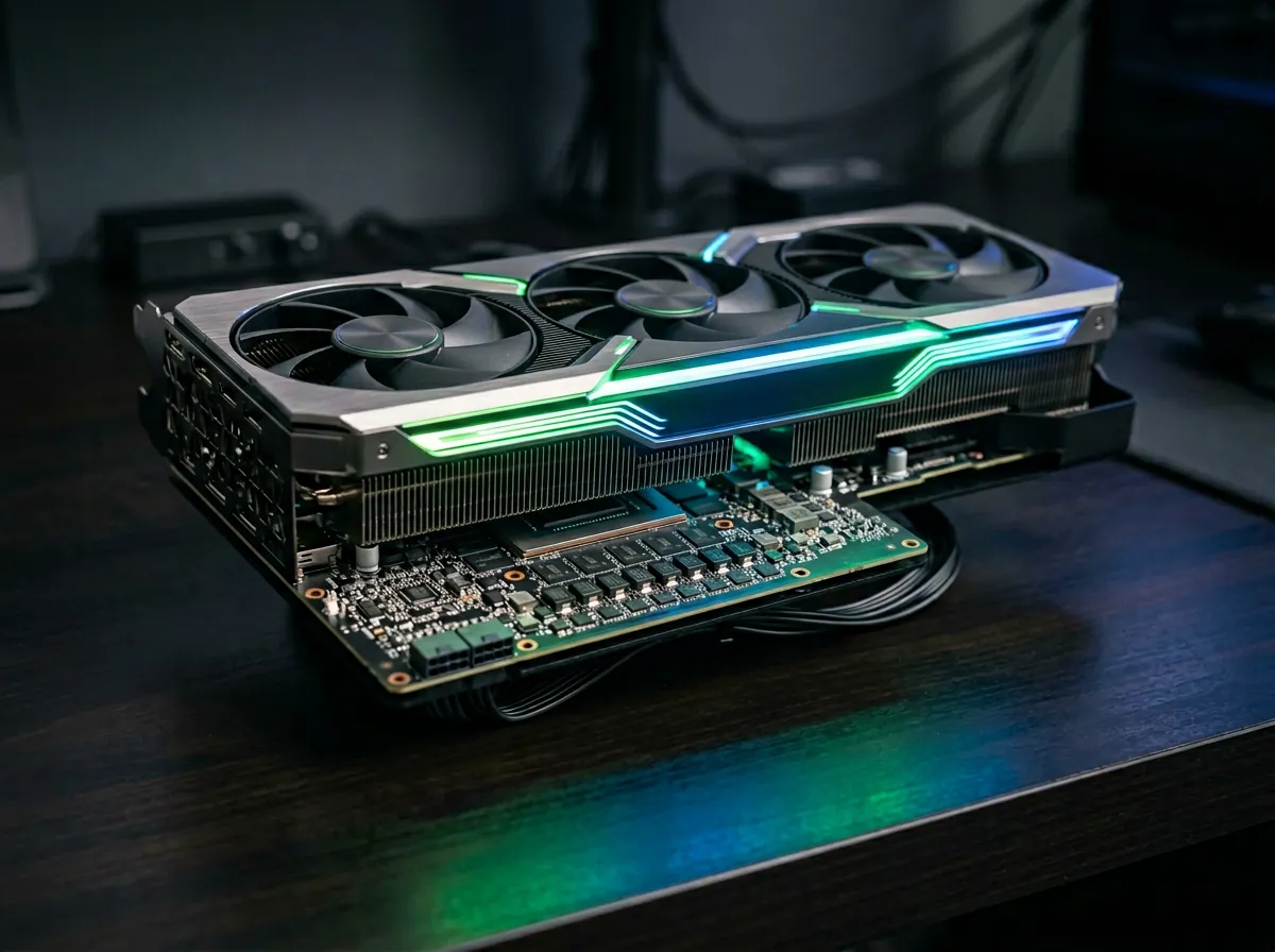 Høyytelses NVIDIA RTX grafikkort med LED-belysning som illustrerer VRAM-krav for lokal FLUX.2-kjøring