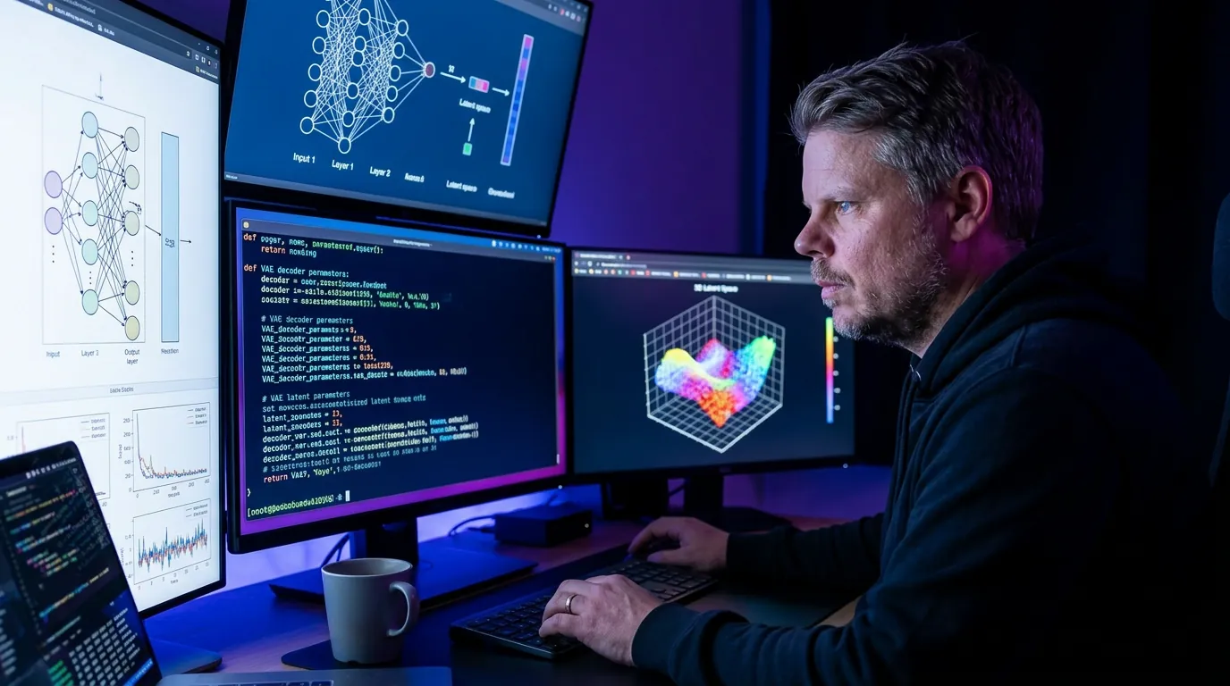 Jan Sverre tester FLUX.2 small decoder med Python-kode på skjermen sent på kvelden