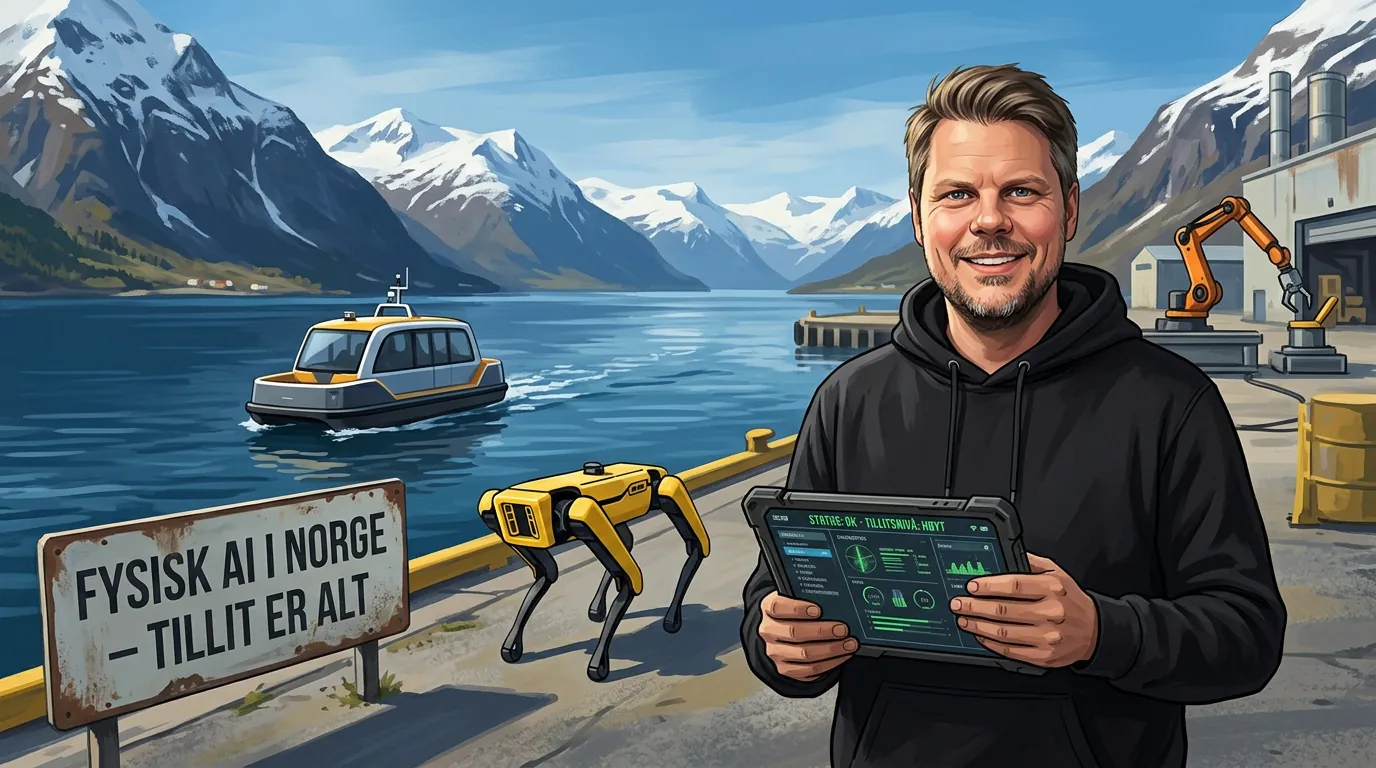 Jan Sverre observerer en industrirobot på nært hold i en norsk industrihall - fysisk AI i praksis