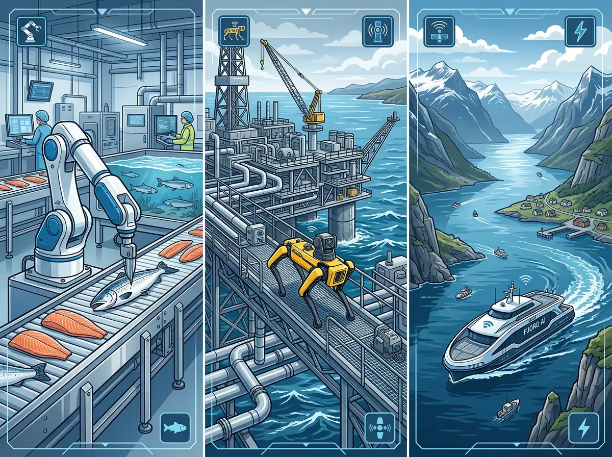 Triptyk med fysisk AI i norsk industri - robotarm fileterer laks, robothund på oljeplattform, autonom ferge i fjord