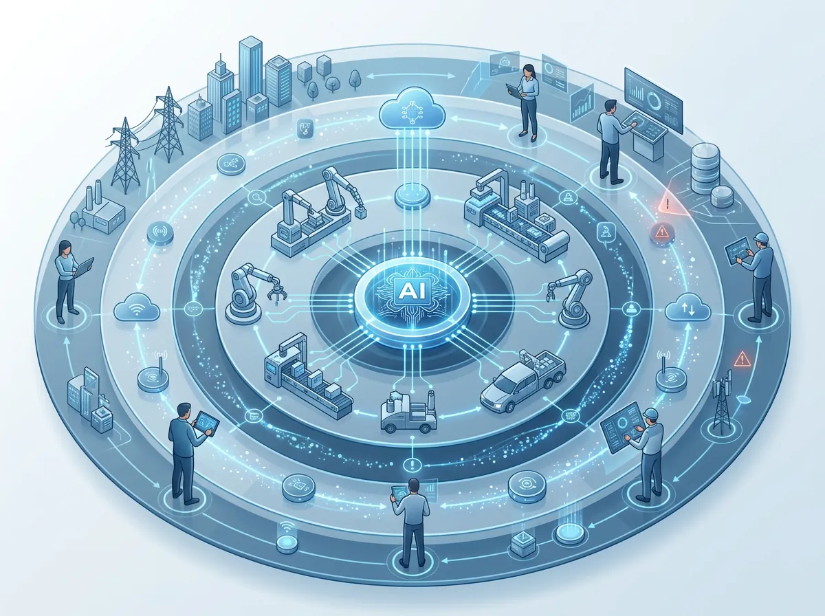 Konseptuell diagram som viser samspillet mellom AI-modell, fysisk maskineri, menneskelige operatører og omgivelser i fysiske AI-systemer