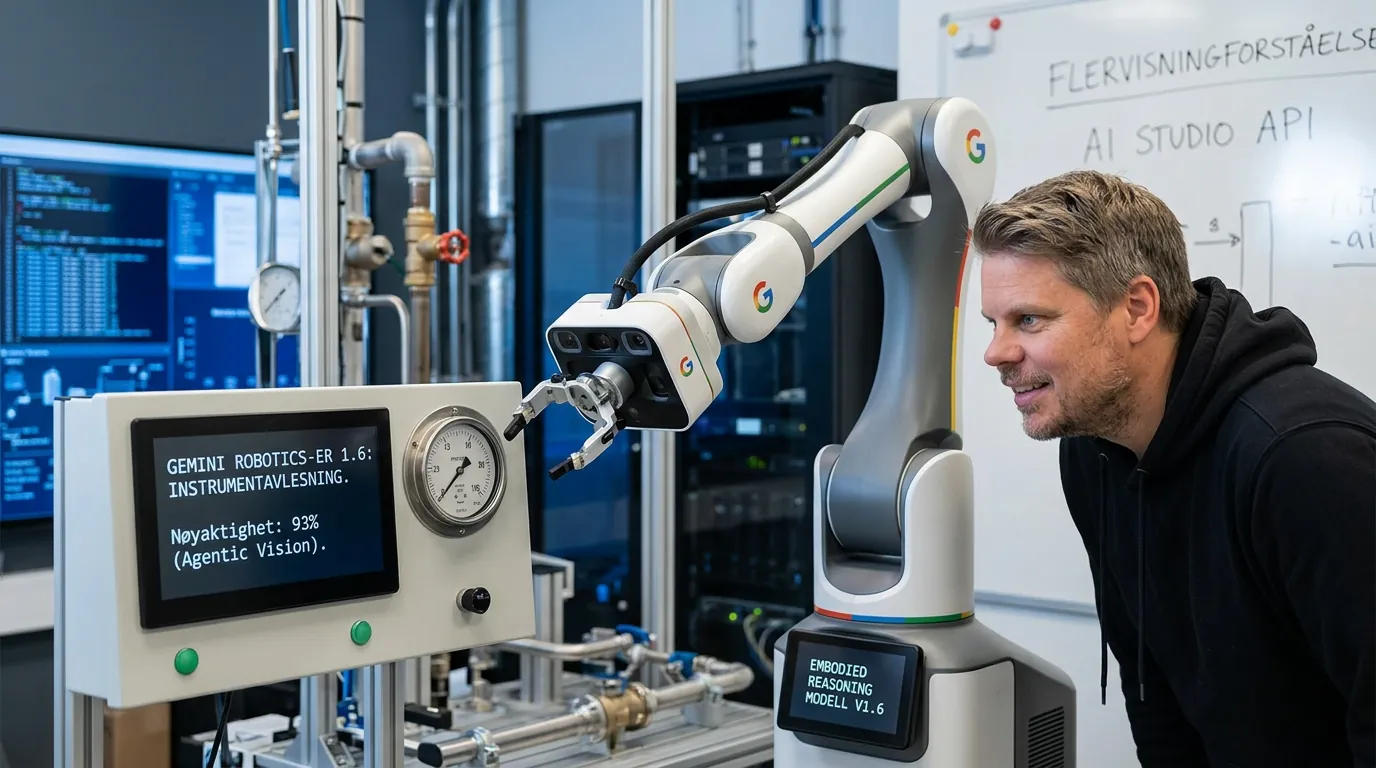 Jan Sverre ser fascinert på en industrirobot som leser av en trykkmåler ved hjelp av Gemini Robotics-ER 1.6