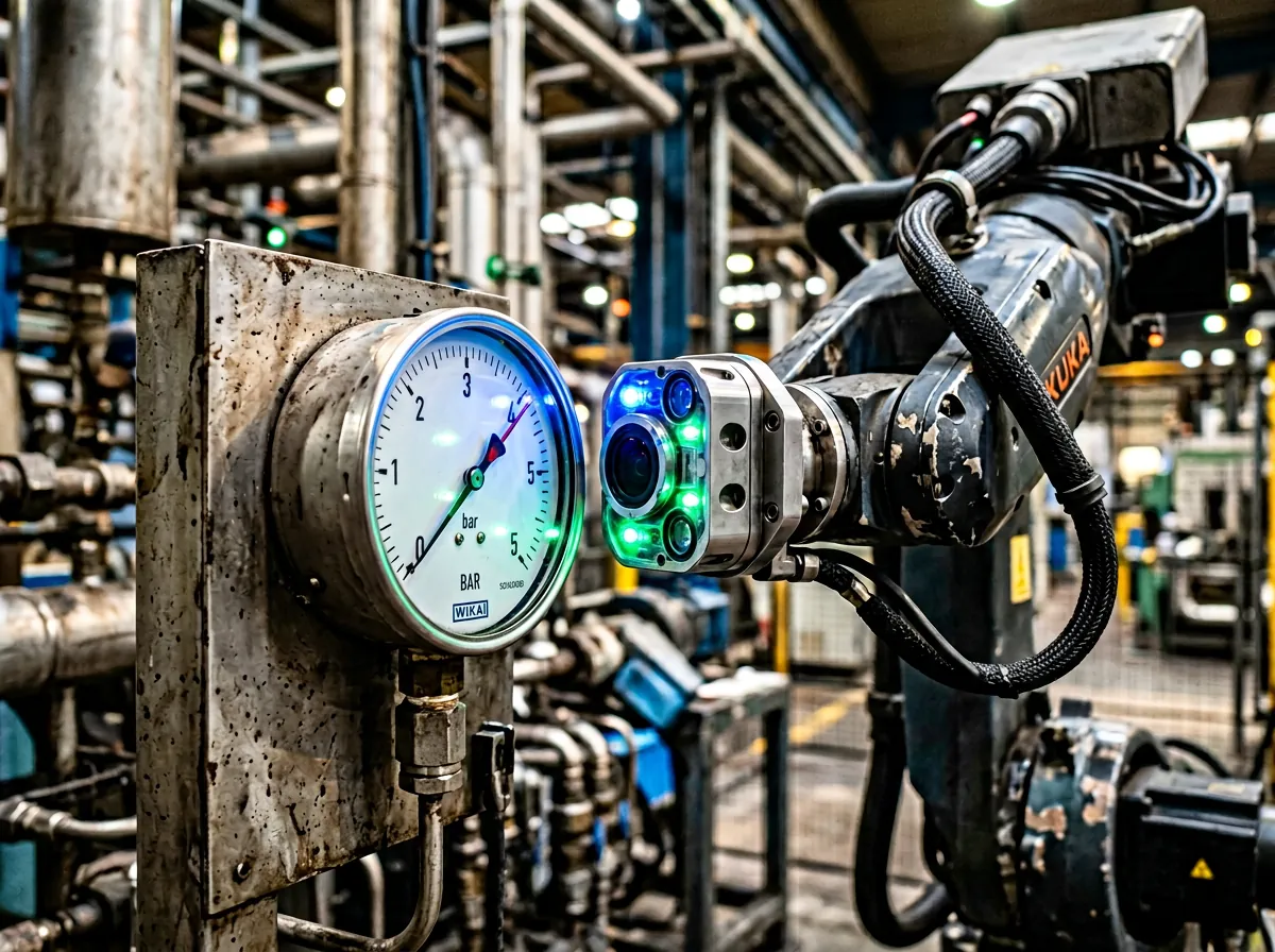 Robotarm fokuserer på analog trykkmåler i industrielt miljø med LED-belysning