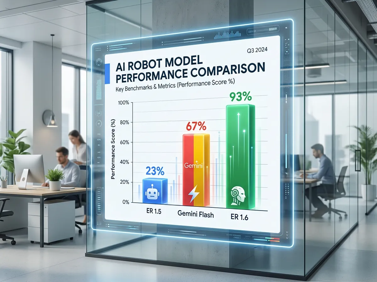 Infografisk ytelsessammenligning mellom Gemini Robotics-ER 1.5, Gemini Flash og ER 1.6 på instrumentavlesning
