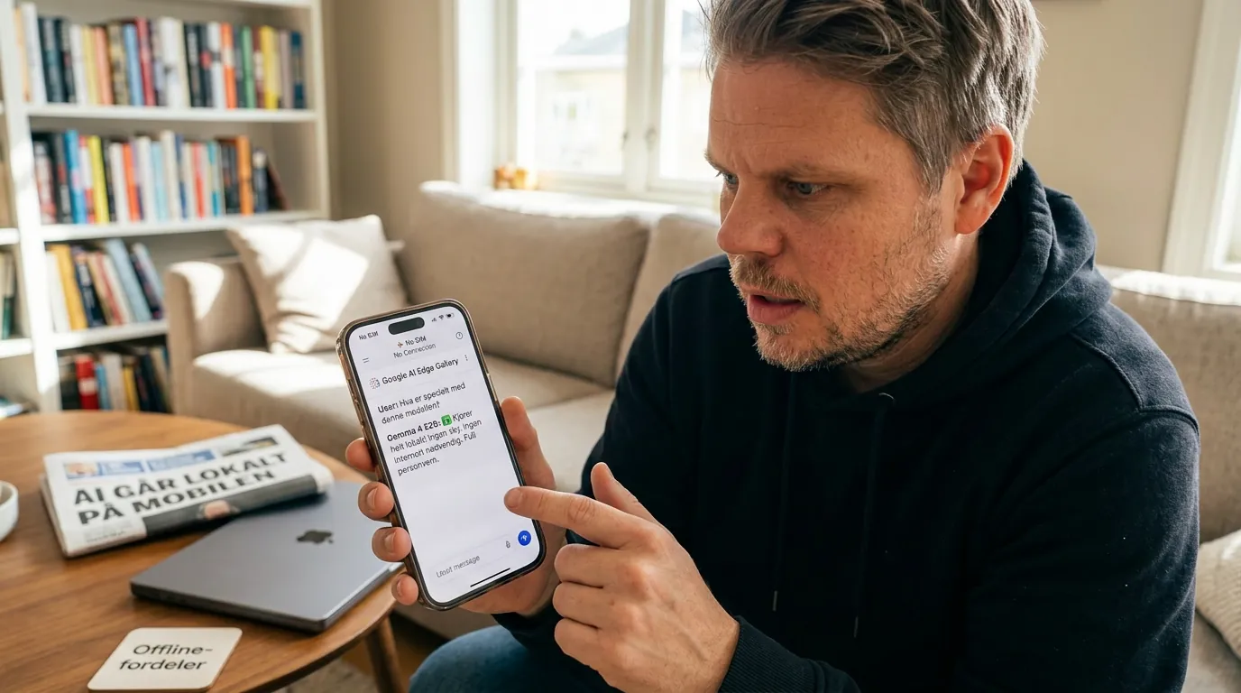 Jan Sverre ser fascinert på iPhone-skjermen der Gemma 4 kjører AI-inferens helt offline uten internett