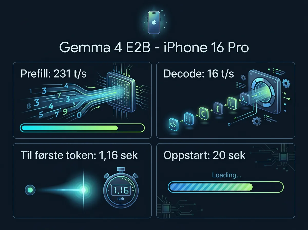 Infografik med ytelsestall for Gemma 4 E2B på iPhone 16 Pro - prefill 231 tokens per sekund og decode 16 tokens per sekund