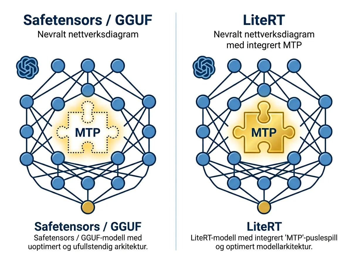 Teknisk illustrasjon som sammenligner Gemma 4 safetensors-arkitektur med manglende MTP mot komplett LiteRT-arkitektur med MTP på plass