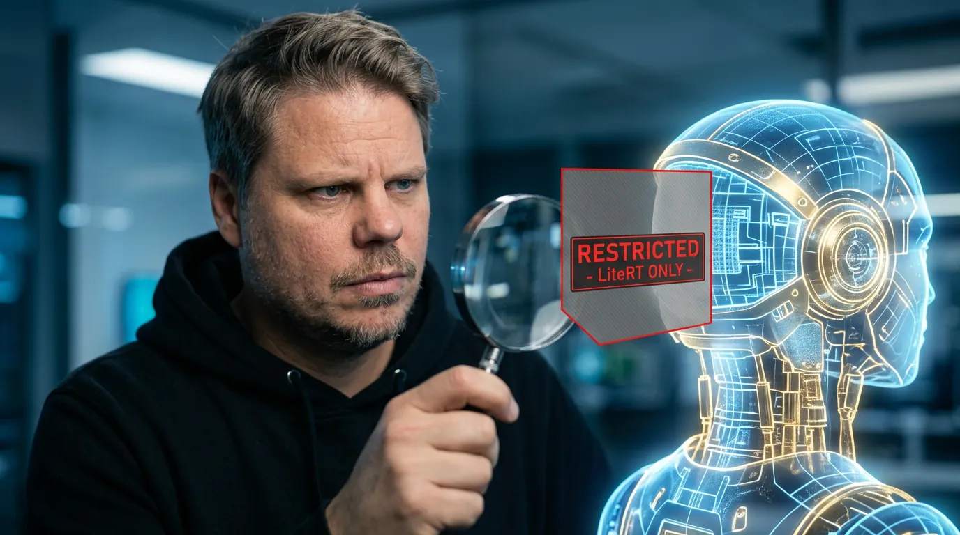 Jan Sverre inspiserer en AI-modellplan der MTP-seksjonen er merket som utilgjengelig og låst til LiteRT