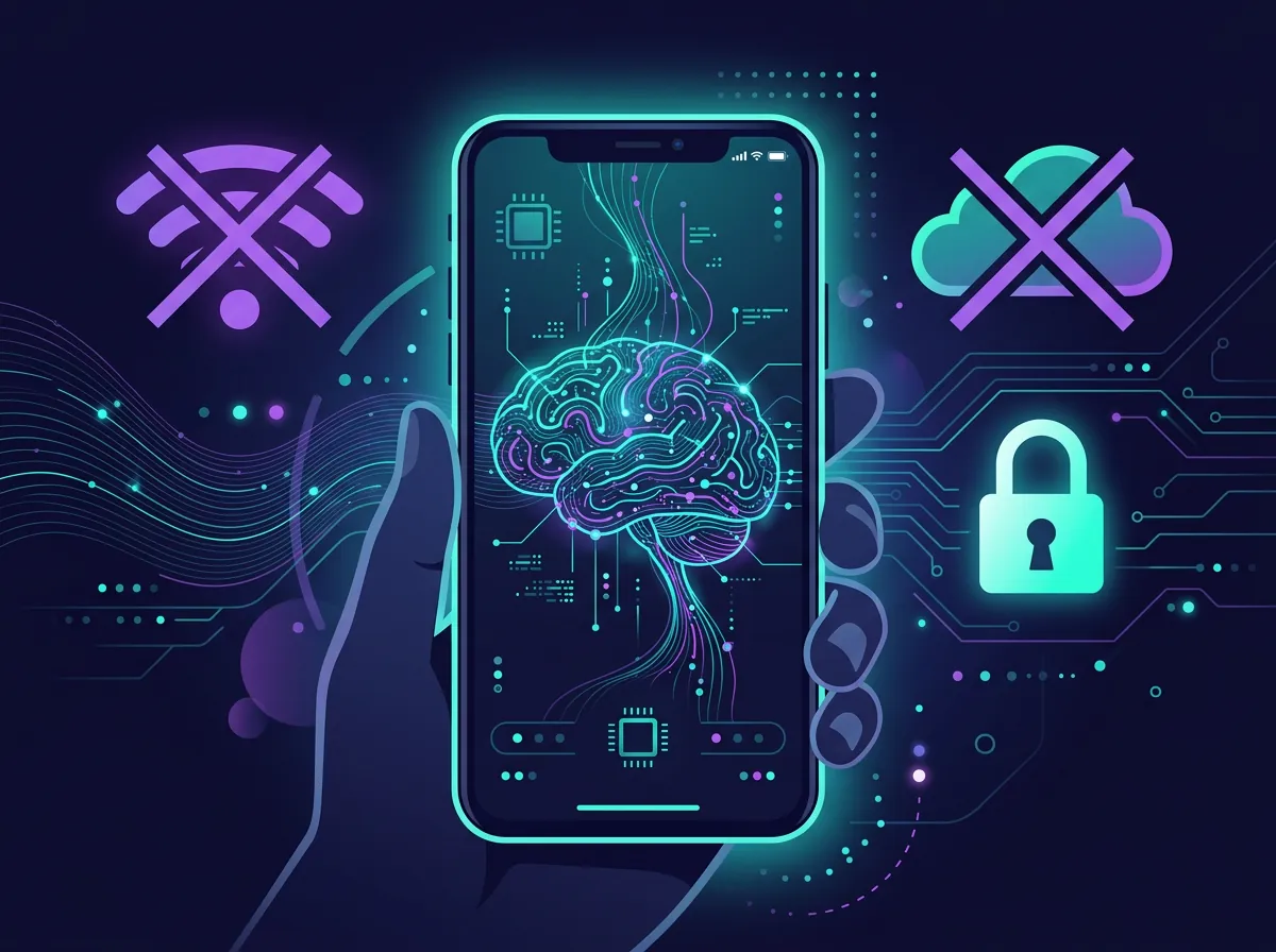 Illustrasjon av smarttelefon som kjører AI offline med krysset ut WiFi-symbol og sky - data forblir på enheten