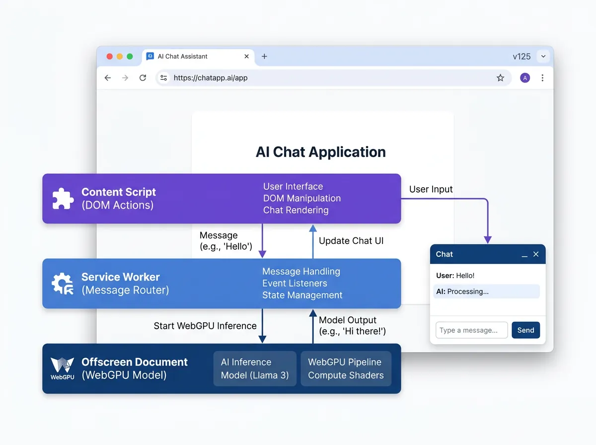Teknisk diagram over Gemma Gem-arkitektur med tre lag i Chrome-utvidelsen