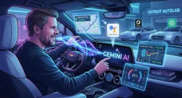 Jan Sverre i en moderne bil med Gemini AI-assistent aktivert på infotainmentskjermen