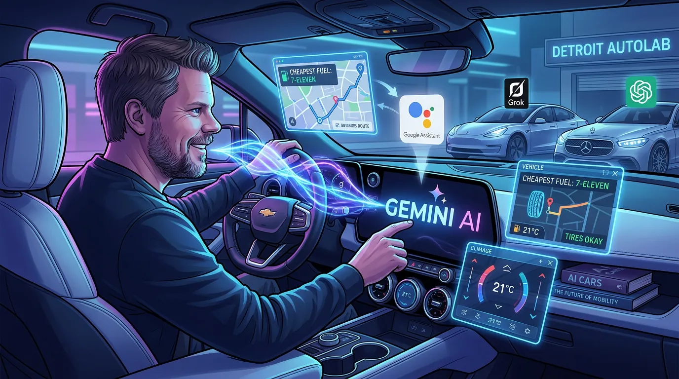 Jan Sverre i en moderne bil med Gemini AI-assistent aktivert på infotainmentskjermen