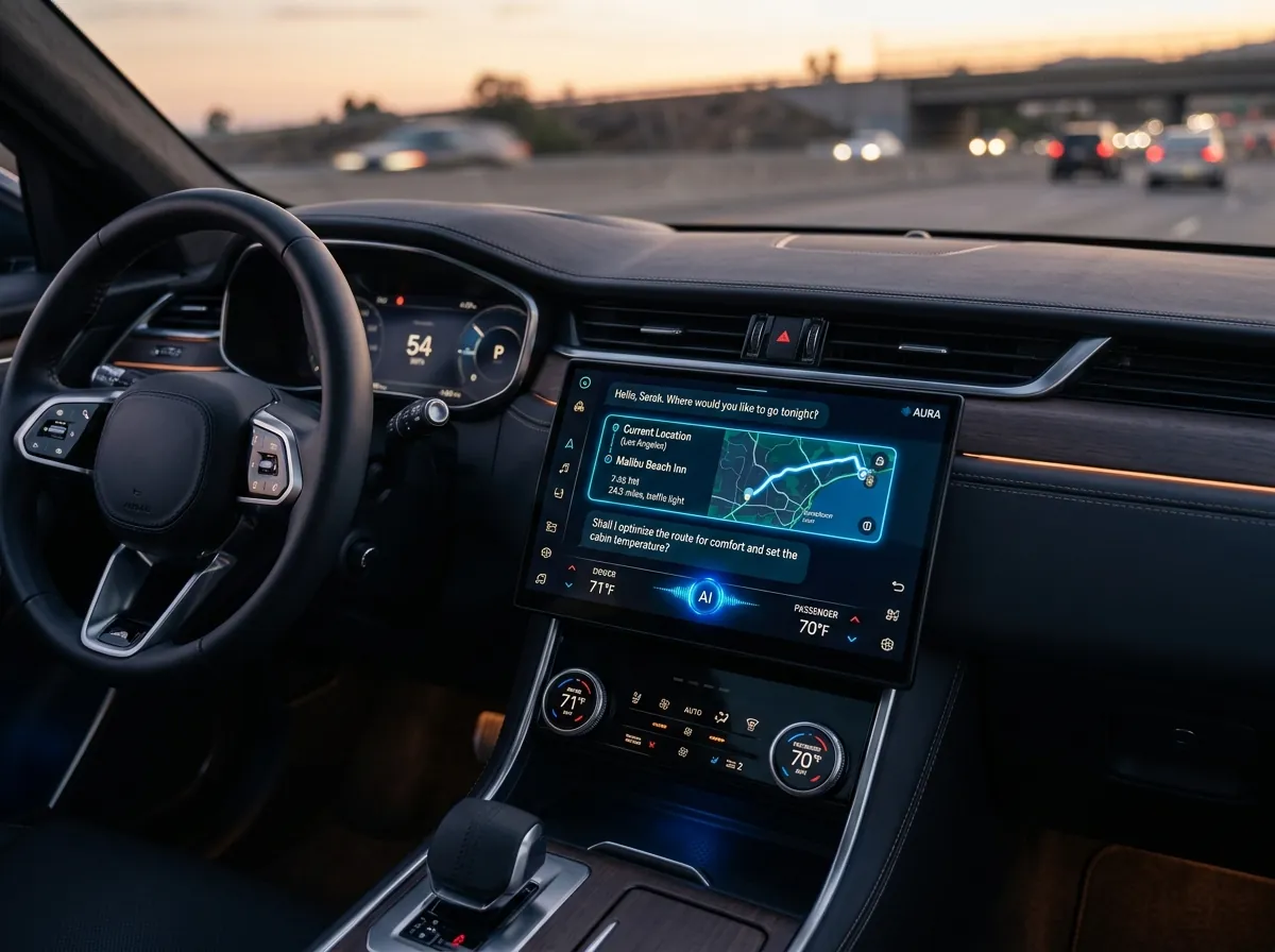Bilinteriør med Gemini AI-grensesnitt på infotainmentskjermen som viser ruteplanlegging og klimakontroll