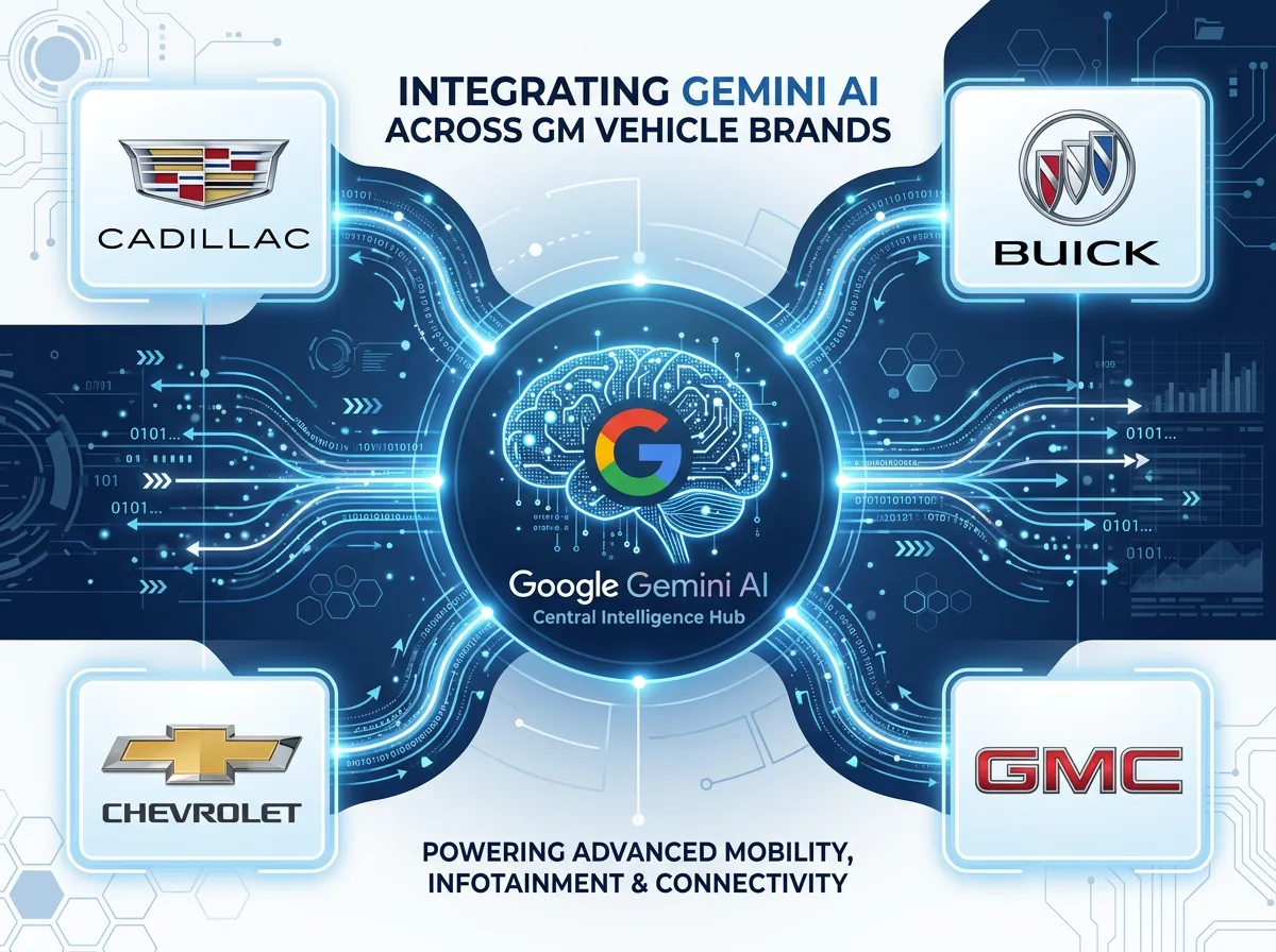 Infografikk som viser Cadillac, Chevrolet, Buick og GMC koblet til Google Gemini AI via digitale datastrømmer