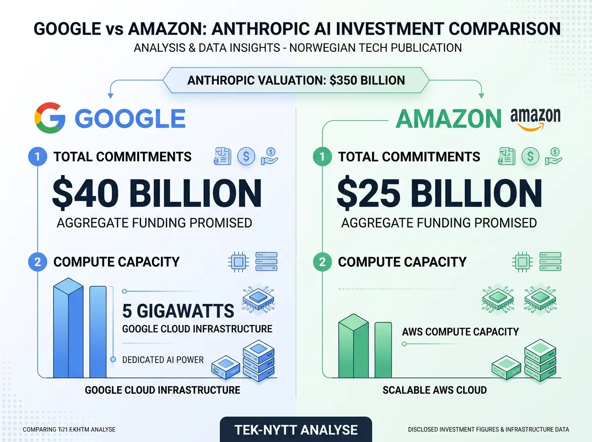 Infografikk som sammenligner Googles 40 milliarder og Amazons 25 milliarder dollar-investering i Anthropic