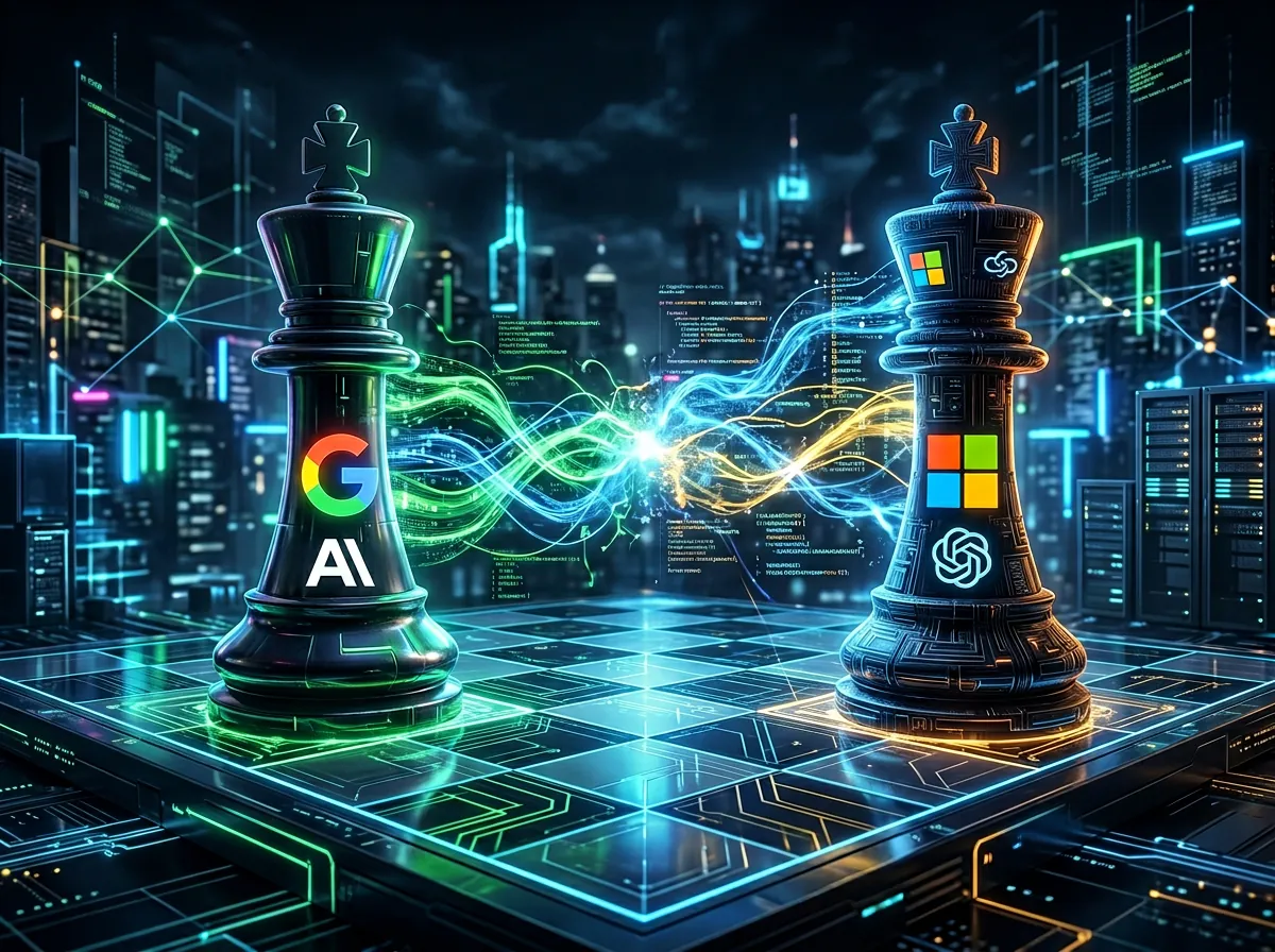 Illustrasjon av AI-kappelöpet mellom Google-Anthropic og Microsoft-OpenAI som sjakkbrikker